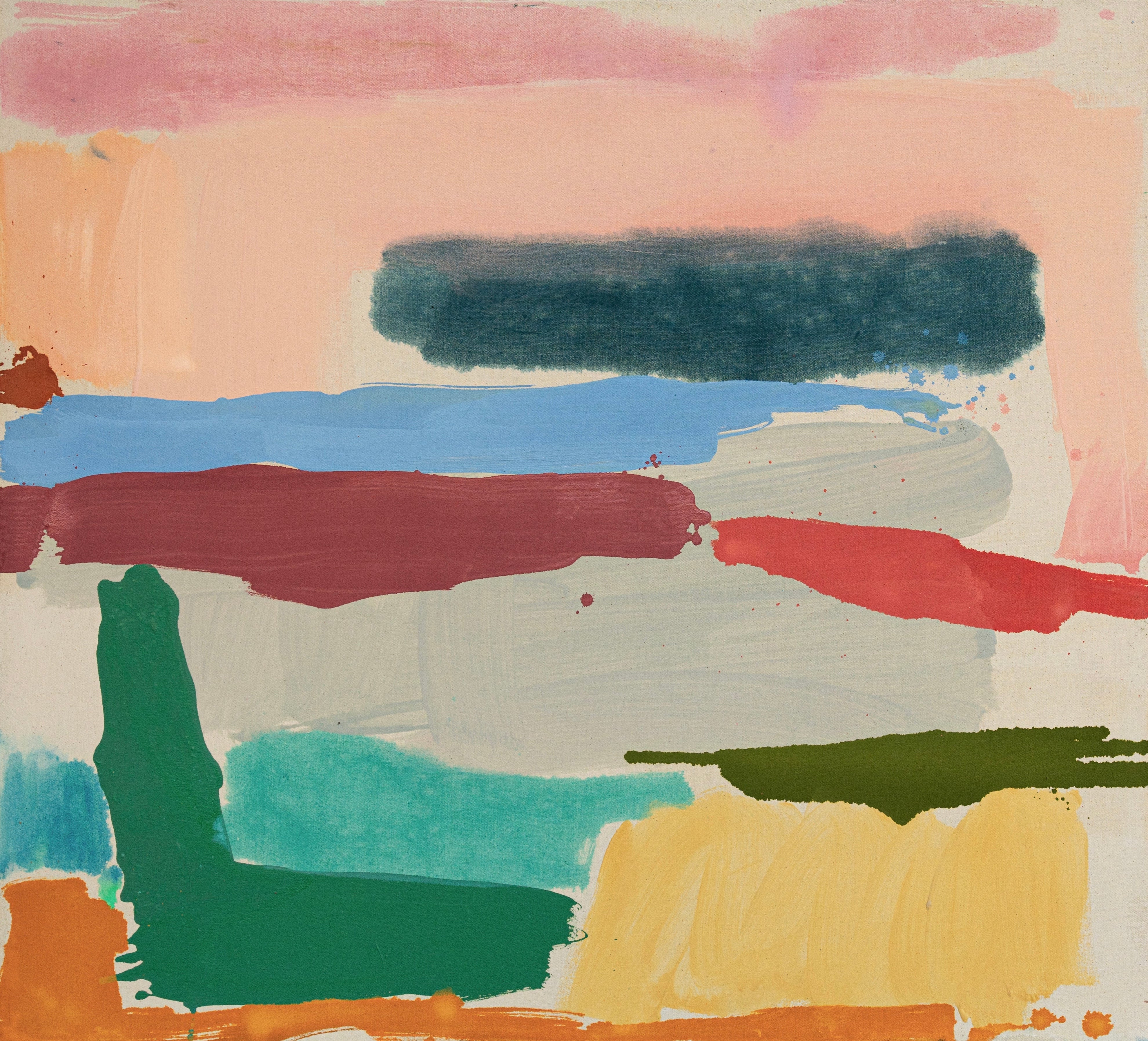Abstract art piece with horizontal brush strokes in various colors on a white background